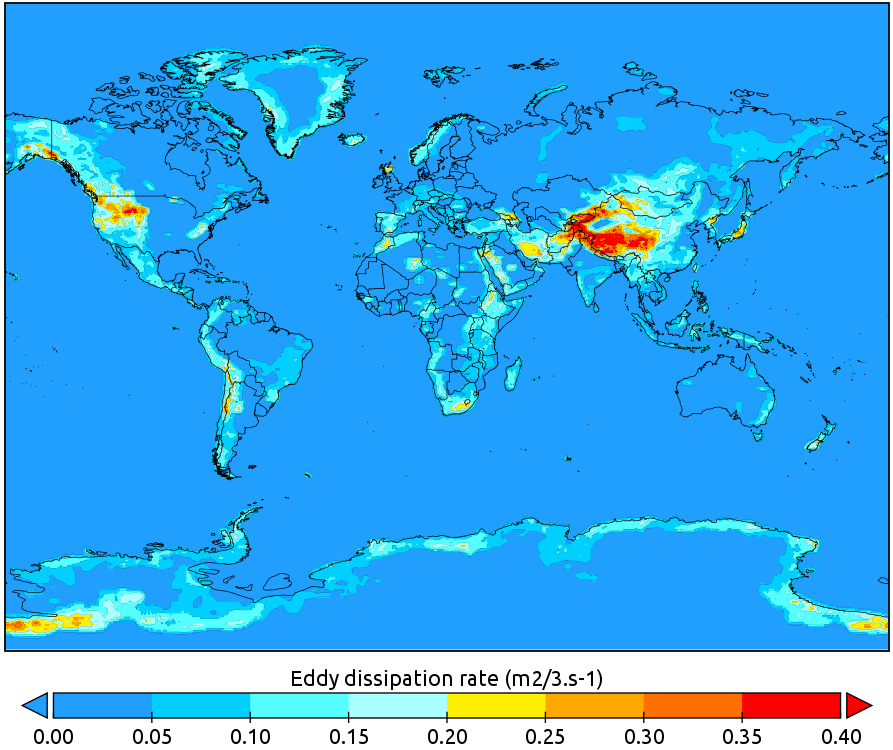 world map of mountain wave turbulence